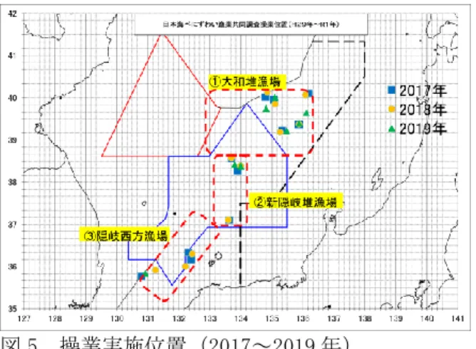 図 5  操業実施位置（2017～2019 年）  漁場全体では，篭の設置から取り上げまでの浸 漬日数は平均 8.7 日，通常篭の平均漁獲尾数は雄 15 尾，雌 3 尾，試験篭のそれでは雄 118 尾，雌 165 尾の結果であった．全体の操業水深は昨年よ やや深くなった．浸漬時間は，昨年と同じであっ た．また，漁獲は通常の篭では減少した．試験篭 では雄は増加し，雌はやや減少した(表 2) ．  表 2  2019 年度共同調査漁場別調査結果  今年度の共同調査での各漁場別の通常篭，試験 篭による雄の甲幅組成