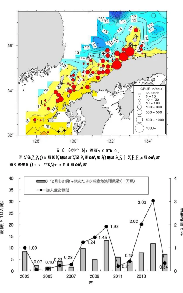 図 2  2015 年のトロール網調査結果  円の大きさはマアジの採集量の多さを表し，+は採集されなかった点を表す．  カラー部分は水深 50m の水温分布を表す．  図 3  試験操業結果から求めた加入量と境港におけるまき網 1 ヶ統あたりの当歳魚漁獲尾数（6～12 月に水揚 げされたマアジ当歳魚の尾数を水揚げしたまき網の数で割った値）の年変化  図 2  2007 年のマアジの CPUE（1 網あたりの採集尾数）の分布と調査海域の水 深 50m の水温（℃）分布．  3