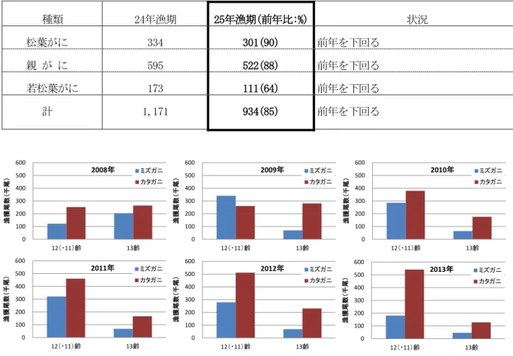 表 2  銘柄別漁獲量  種類  24年漁期  25年漁期(前年比:%)  状況      松葉がに      334  301(90)  前年を下回る      親 が に      595  522(88)  前年を下回る  若松葉がに  173  111(64)  前年を下回る         計         1,171  934(85)  前年を下回る  0100200300400500600 12（・11）齢 13齢漁獲尾数（千尾）2008年 ミズガニカタガニ 0100200300400500