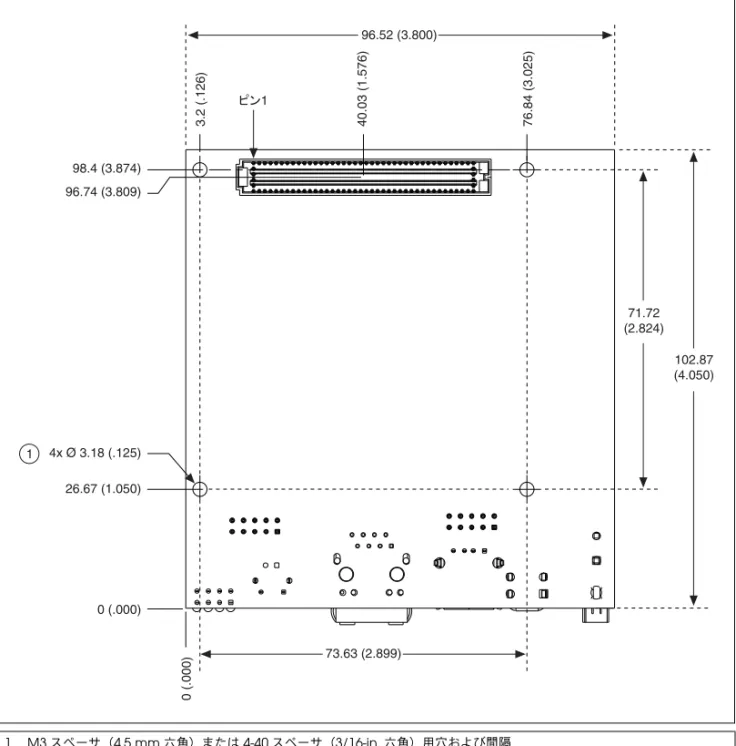 図 4 は、 NI sbRIO デバイスの二次面の寸法を示しています。 図  4 NI sbRIO-9605/9606  二次面寸法（ mm ） 、括弧内はインチ1 M3スペーサ（4.5 mm 六角）または4-40スペーサ（3/16-in