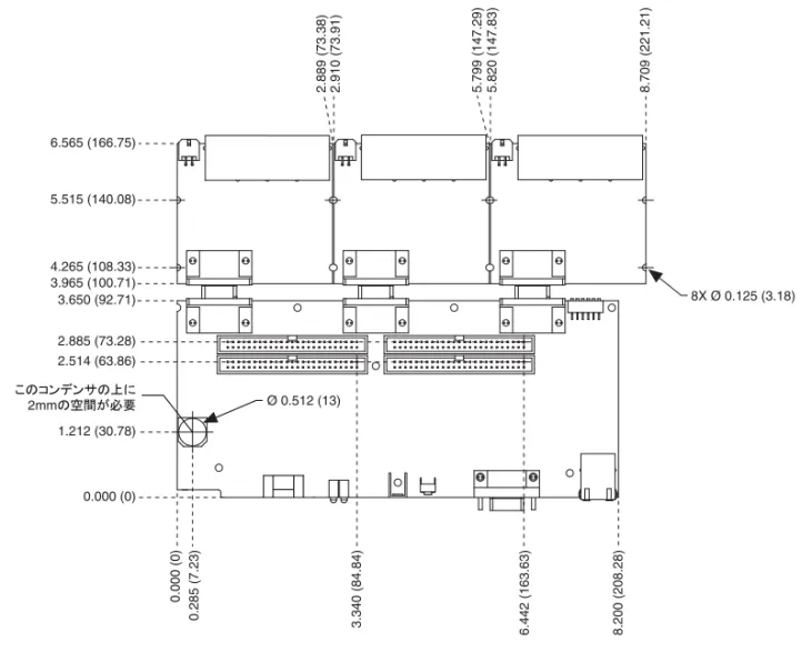図  3 C シリーズモジュールを取り付けた NI sbRIO-9601/9602/9602XT のインチ での寸法（括弧内はミリメートル単位） メモ C シリーズモジュールの絶縁クリアランスを維持するため、直径が 0.240 in