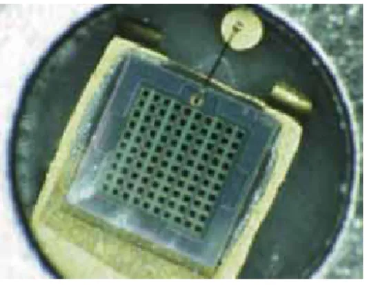 図 1.1: MPPC の受光面。図の受光面サイズは 1 × 1mm 2 、ピクセル数は 10 × 10 出される。 図 1.2: APD の構造の概念図 雪崩による増幅率は、1 フォトンによって誘起された 1 つの電子が最終的にシグナル として何個の電子になるかで定義される。この増幅率は印加電圧を徐々に上げていく と 200 程度まで大きくなる。ここまでの印加電圧では 、得られるシグナルの大きさは 入射光量に比例する。印加電圧をこれ以上に上げていくとある点で 、わずかな光に対 しても高電場領域内で放電現象