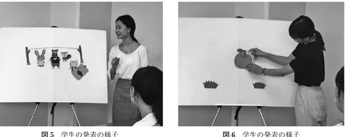 図 5 学生の発表の様子 （上記の写真掲載においては，本人の承諾を得ている）図6 学生の発表の様子 Ⅳ．事後アンケートの分析 ・対象学生　本学 2 年生　 　「乳児保育Ⅱ」履修生　103 名 ・アンケート方法…自由記述 　「パネルシアターの発表全体を通して，あなたが学んだこと，理解したこと，感じたことは何 ですか」 　○研究方法 　自由記述の中で多く使われていた言葉を抽出し，そのキーワードそれぞれについて考察する。 　キーワード ①  声，言葉かけ ②  ねらい ③  発表者が楽しむ ④  練習 ⑤  立ち