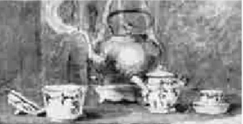 fig. 2  タイトルと年記（fig. 1の部分図） fig. 3   ティーセット（fig. 1の部分図）fig. 4   足元に置かれた箱（fig. 1 の部分図）fig