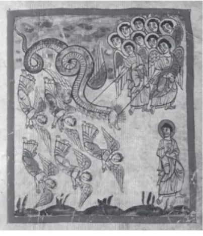 Abb. 3 Bamberger Apokalypse, Drachenkampf (Apk  12, 7-9), Reichenau, um 1000, Bamberg,  Staatsbibliothek, Msc