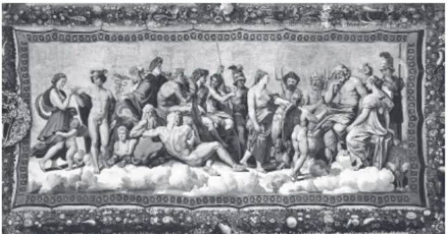 fig. 5 ラファエロ「プシュケの間の天井画」1517–1518 年、フレスコ、ローマ、ヴィッラ・ ファルネジーナ 壁面から放たれたタピスリーは持ち運ばれ、フランソワの治世の栄光を広く知らしめるものとなった。4