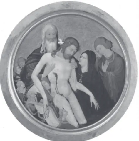 fig. 2 ヨハン・マルウェル 《大トンドのピエタ》 1400 年頃、パリ、ルー ヴル美術館、直径52cm （画枠無）、64.5cm （画枠込）  ここで明らかなように、ヨハンはその出自をフランス語圏ではなくむしろ北ネーデルラントに持ち、修行期間の大半を故地のナイメーヘンで過ごしたと推測される。また、中世フランス語によるブルゴーニュ公国の史料においても、1395年より一貫して、この画家はʻJohanʼないしʻJehanʼと記されていることが確認できる。ローロフスが指摘する通り、これまで慣習的に用いられてき