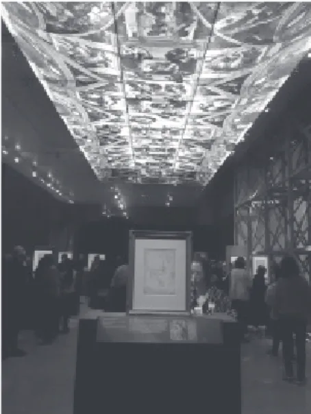 fig. 3  システィーナ礼拝堂天井画を表現した展示室 110平井彩可 展覧会評：「ミケランジェロ：神のごとき素描家」 ントニウスをあらわした本作品は、北方の版画家マーティン・ショーンガウアー（1453–91）の版画を模写したものだ。本展覧会ではショーンガウアーの版画と並べて展示されているので（fig