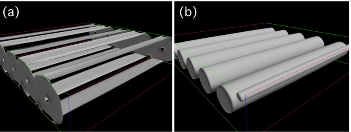 Fig. 8: Visualization of isosurfaces of (a) enstrophy and (b) Q 3D . Isosurfaces of enstrophy provide the higher value to the shear ﬂow driven near the wall
