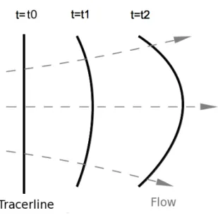 Fig. 6: A tracer line in a ﬂow. The drifting motion with deformation of the curve visualizes the ﬂow.