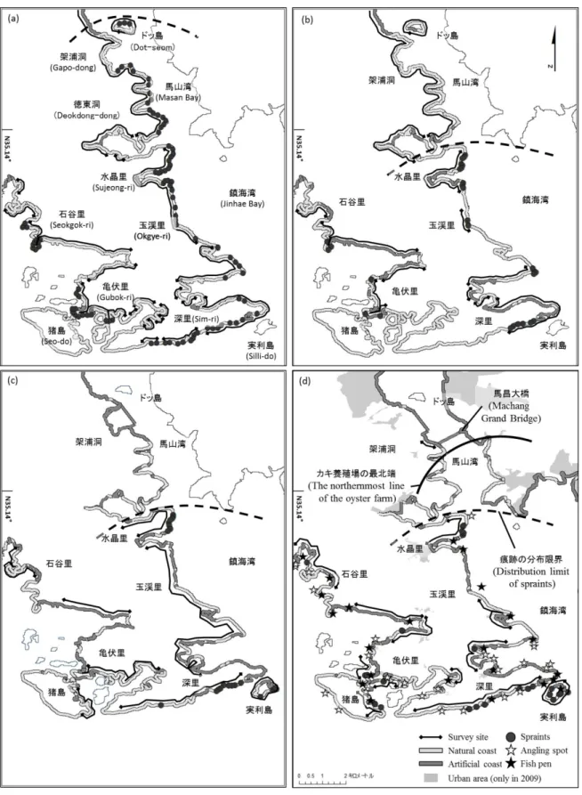 図 1-2  カ ワ ウ ソ 糞 が 見 つ か っ た 場 所 (a, 1982； b, 1991-94； c, 2002 ； d, 2009)  Fig.1-2 P lac es a t  whi c h  otter spra i nt s  wer e  found  in 1982 (a), 1991 -94 (b), 2002 (c) 