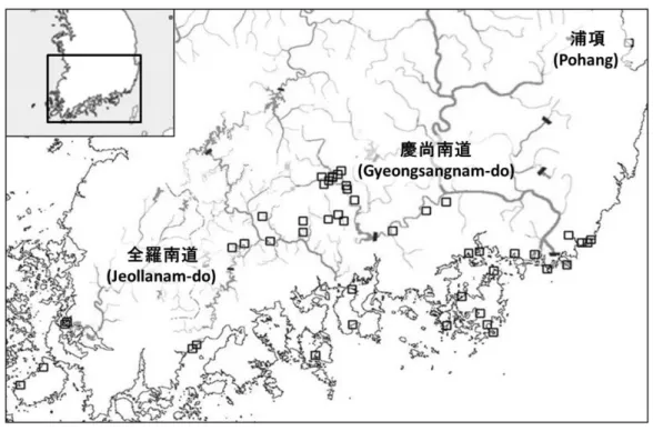 図 1-3  韓 国 南 部 に お け る 広 域 調 査 の 踏 査 地 点 (□ ) 