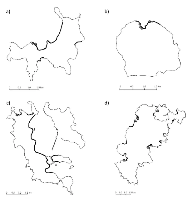図 2 -3   痕 跡 調 査 を 行 っ た 場 所 (a,  図 2 -1 の No. 4;  b,   図 2 -1 の No.7 ;  c,   図 2 -1 の No.9; d,  図 2 -1 の No.10 ;  線 ,  踏 査 ル ー ト ;  ● ,  カ ワ ウ ソ 糞 の 発 見 場 所 ) 