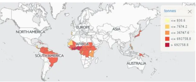 Figure 1. The world map for yam production (FAOSTAT, 2016). 