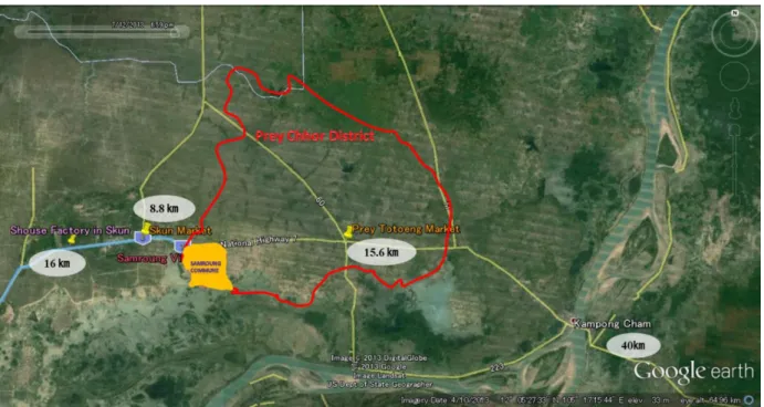 図 3.2 Kampong Cham 州 Preychhor 郡 Samraong 地区の周辺図