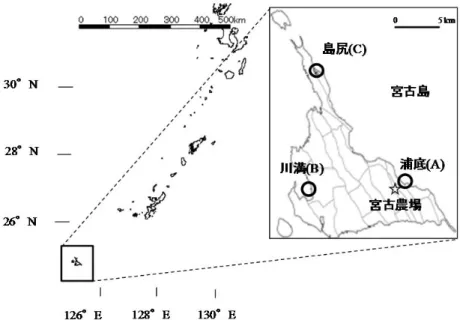 図 5-2 宮 古 島 の 非 マ ン グ ロ ー ブ 植 生 域 (A) 及 び マ ン グ ロ ー ブ 植 生 域 (B， C)の 表 流 水 の 採 取 地 区