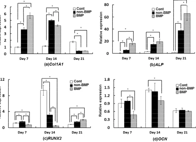 Fig. 4  mRNA expression profiles: (a) Col1A1 expression (b) ALP expression (c) RUNX2 expression  and (d) OCN expression of MSLCs cultured in control, non-BMP, and BMP