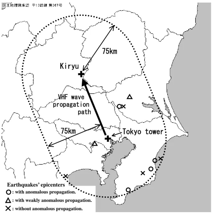 Fig. 2    Region of the earthquakes’ epicenters under consideration and VHF wave  propagation path