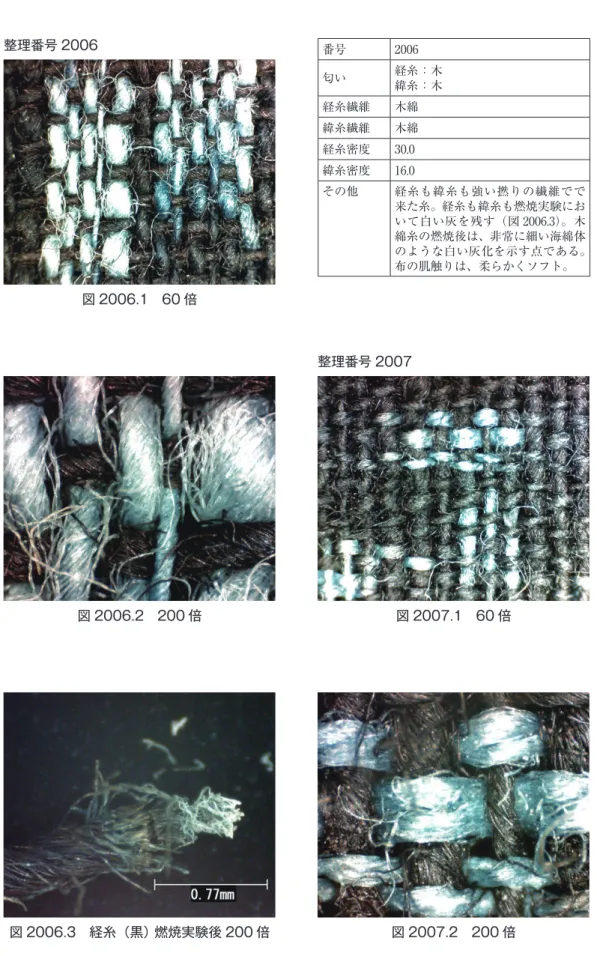 図 2006.1　60 倍 図 2006.3　経糸（黒） 燃焼実験後 200 倍 図 2007.2　200 倍整理番号 2006図 2006.2　200 倍図 2007.1　60 倍整理番号 2007番号2006匂い経糸：木緯糸：木経糸繊維木綿緯糸繊維木綿経糸密度30.0緯糸密度16.0その他 経糸も緯糸も強い撚りの繊維でで来た糸。経糸も緯糸も燃焼実験において白い灰を残す（図 2006.3）。木綿糸の燃焼後は、非常に細い海綿体 のような白い灰化を示す点である。布の肌触りは、柔らかくソフト。