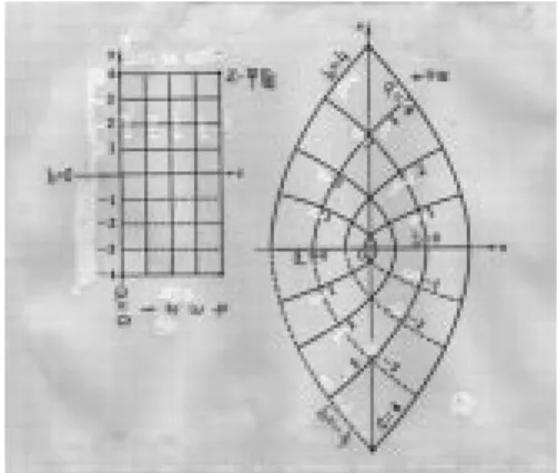 図 2.6 w = z 2 . 例 17 w = z 2 z 平面上で実軸にそった半直線 y = 0; x > 0 は v = 0; u > 0 に、 z 平面上で虚 軸にそった半直線 x = 0; y > 0 は u = 0; v < 0 に写像される。また z 平面の第 1 象現にある円弧は w 平面上の上半平面にある円弧に写像される。 f 0 (0) = 0 であるから z = 0 を除く他のすべての点で等角である。 u = x 2 0 y 2 ; v = 2xy であるから 