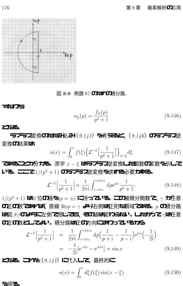 図 9.9 例題 67 のための積分路 . すなわち u L (p) = f L (p) p 2 + 1 (9:146) となる。 ラプラス変換のたたみ込み（ 9.141 ）を考えると、 （ 9.146 ）のラプラス逆 変換の結果は u(x) = Z x 0 f( ) n L 01 h 1p2 + 1 io x0 d (9:147) であることが分かる。添字 x 0  はラプラス逆変換した関数の変数を示して いる。ここで 1=(p 2 + 1) のラプラス逆変換を求める必要がある。 L 01 h 1 p 2