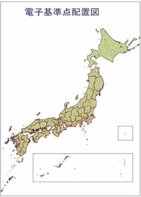 図 9.  国土地理院が設置している日本の電子基準点の位置（赤の点） 