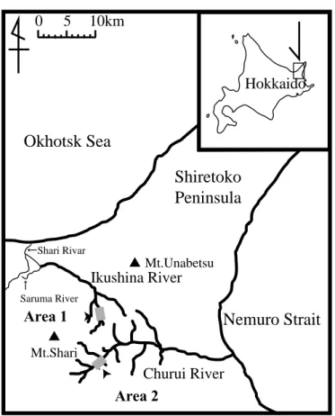 Fig. 2-1.    Map showing sampling areas in the Ikushina and the Churui rivers. 