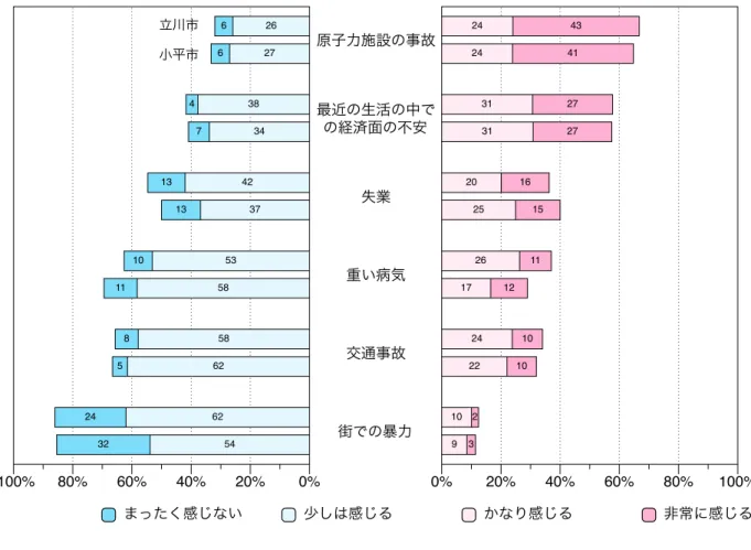図 3.9 は種々の不安感を尋ねた結果である．両市の間で最も大きな差が見られるのは「重い病気」で あるが， 「非常に感じる」と「かなり感じる」を合わせて 8 ポイント差であり，実質的な差はないと言っ てよいであろう．いずれの市でも，項目としてあげた 6 つのうちでは「原子力施設の事故」に対する不 安感を挙げる人が最も多く， 「非常に感じる」と「かなり感じる」を合わせると 3 人に 2 人が不安感を感 じている．次に多いのは「最近の生活の中での経済面の不安」であり， 5 割を超える人が不安を「非常 に感じる」