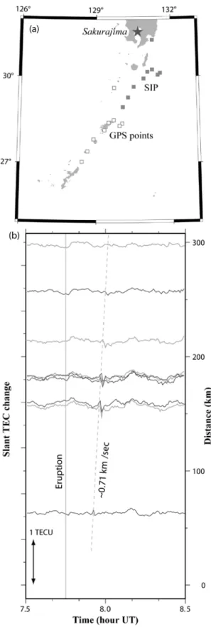 Figure  2. Time series of slant  TEC  changes  at  nine GPS  stations  in  islands south of Kyushu,  southern  Japan, with GPS Satellite No.11 on  2  Oct, 2009