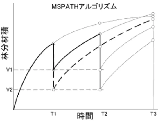 図 9. MSPATH による探索経路． ただし， T n−i,n ：第 n 期をターゲットとした第 (n − i) 期における間伐量 V n (T n−i,n ) ：T n−i,n を実行した時の第 n 期における林分材積 i ∗ ：第 n 期をターゲットとした最適な期間隔 i T n ∗ ：第 n 期をターゲットとした第 (n − i ∗ ) 期における最適間伐量 V n ∗ ：V n (T n ∗ )． MSPATH においても，PATH 同様に間伐から得られる伐採量とその後の林分材積の総和を最 大に