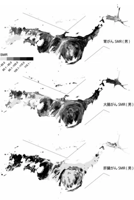 図 5. 部位別 SMR （空間的平滑化値）． をプロットした散布図において，単回帰直線をあてはめる問題を考える． (4.1) smr i = γ + δ · d ˜ ep i + ε i ここで RII は ( γ + δ ) /γ で定義される．d ep˜ i は相対的な位置を示す指標として 0 ∼ 1 に基準化 されている点をふまえると， RII は， d ep˜ i が 1 に位置する最も剥奪水準の高い地区 （群）の SMR が，d ep˜ i が 0 に位置する最も剥奪水準の低い地区（群）の SM