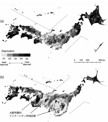 図 1. 地理的剥奪指標の分布．（a）ランベスト正角円錐図法による分布図．（b）カルトグラムに よる分布図． 年齢にわたって合計した値である．ただし，本研究では r c,k は，死因 c の年齢階級 k に関する 死亡率全国値である．この SMR は地区人口の年齢構成を間接的に調整した死亡率の指標であ り，値が 1 よりも高ければ，死亡率の水準は全国値よりも高く，1 よりも低ければ全国値より も低い死亡率の水準とみなせる．なお，以下では，簡略化のために，死因を示す添字 c を省略 し，smr i = o i