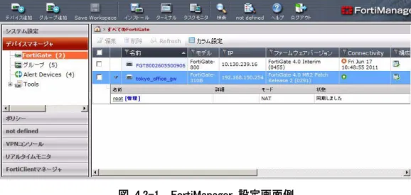 図  4.2-1    FortiManager  設定画面例  一方、ログ管理を助けるアプライアンスとして FortiAnalyzer があります。 