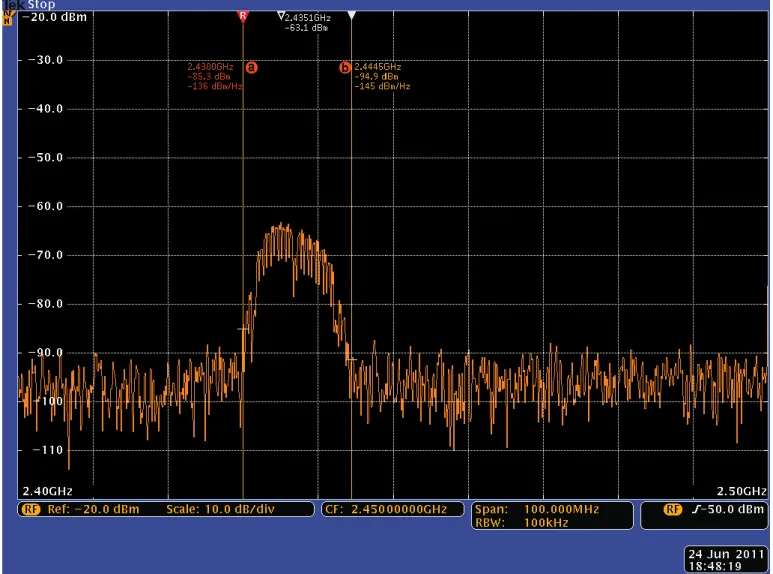 図 図図 図 12.12.12. 12.  ワイヤレス LAN 干渉信号が相互作用テスト中にアクセスし影響を与えている  WiFiWiFiWiFi WiFi 干渉信号干渉信号干渉信号 干渉信号     MDO は、アンテナを使用することで、干渉の原因となる その他の無線ソースをチェックすることもできます。  図 12 の測定は、ZigBee 無線が使用するいくつものチャ ンネルをカバーしています。この無線モジュールのアプリ ケーションでは、図の WiFi 信号により、ZigBee 無線に障 害がでるか、ある