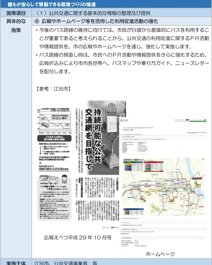 表 5-9  公共交通に関する基本的な情報の整理及び提供に関する施策概要  基本方針３  誰もが安心して移動できる環境づくりの推進  施策項目  （１）公共交通に関する基本的な情報の整理及び提供  具体的な  施策  ④  広報やホームページ等を活用した利用促進活動の強化 ・今後のバス路線の維持に向けては、市民が日頃から意識的にバスを利用するこ とが重要であると考えられることから、公共交通の利用促進に関するＰＲ活動 や情報提供を、市の広報やホームページを通じ、強化して実施します。  ・バス路線の見直し時は、