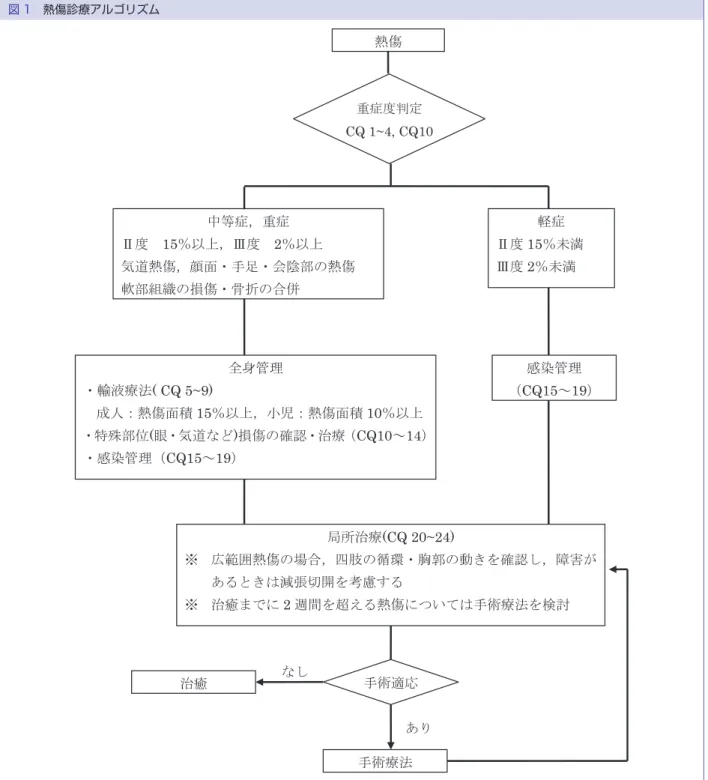図 1 熱傷診療アルゴリズム ゴリズムと Clinical Question（CQ）を図 1 に示す． 10）Clinical Question（CQ）のまとめ 表 2 に CQ および，それぞれの CQ に対する推奨度 と推奨文を付す． 【重症度判定】 CQ1 熱傷の深度を推定するよい方法はなにか？ 推奨文：熱傷深度の推定方法として，臨床症状による分類を推奨する．（B）より精度の高いものとして，臨床症状による分類に加えレーザードプラ血流計測法やビデオマイクロスコープを併用することを選択肢の 1 つとして推