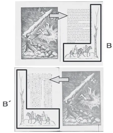 図 16　『エブラハム・リンカーン』原書と翻訳版の比較 原書と翻訳版を比較した結果、『エブラハム・リンカーン』では“左開きヨコ組 み”から“右開きタテ組み”に組み直している事が明らかとなった。さらに絵は逆 版印刷されている。図 18、図 19 にみられるように、原書で人馬が書字方向と同じ 方向を向いているのに合わせて、翻訳版で絵を逆版にして、人や馬の向きを変えて 配置していることがわかる。 　⑦『ねむたいライオンの子』小峰書店、1950.4 図 17　『ねむたいライオンの子』原書と翻訳版の比較