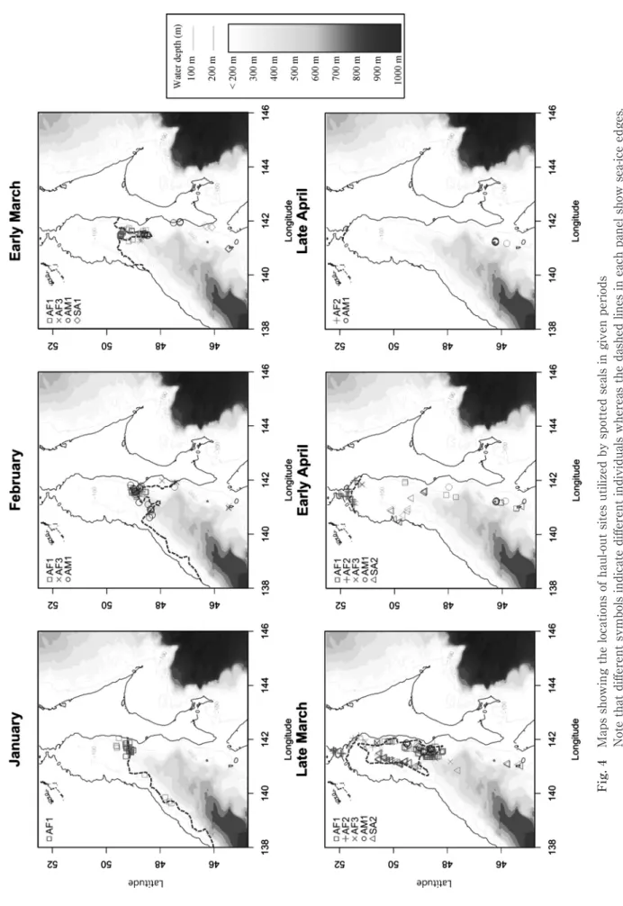 Fig. 4　Maps showing the locations of haul-out sites utilized by spotted seals in given periods Note that different symbols indicate different individuals whereas the dashed lines in each panel show sea-ice edges.  The color of the sea surface indicates wat