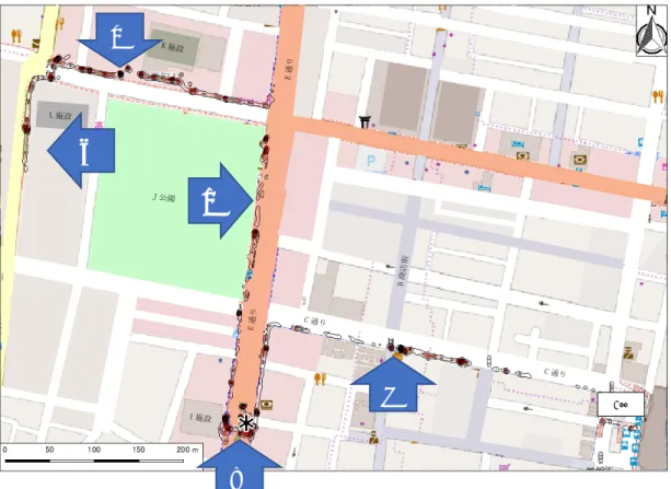 図 4  バリア箇所のカーネル密度分析結果（検索半径：５ｍ）  ・イ  ゾーン このゾーンは A 駅西口を出て E 通りまでの C 通りの区間で、駅から D 商店街の横断歩道 までの区間では、道路の凹凸や点字ブロックの不揃いなどが目立った。また、D 商店街の横 断歩道から E 通りまでの区間では、歩道の幅が狭い箇所や、駐車場への車両進入を円滑にす るため、歩道と車道の段差をなくした結果、歩道が車道側に傾斜している箇所などバリア要 因（図 10-a 及び b 参照）が並んでおり、今回の調査分析でもバリアとして