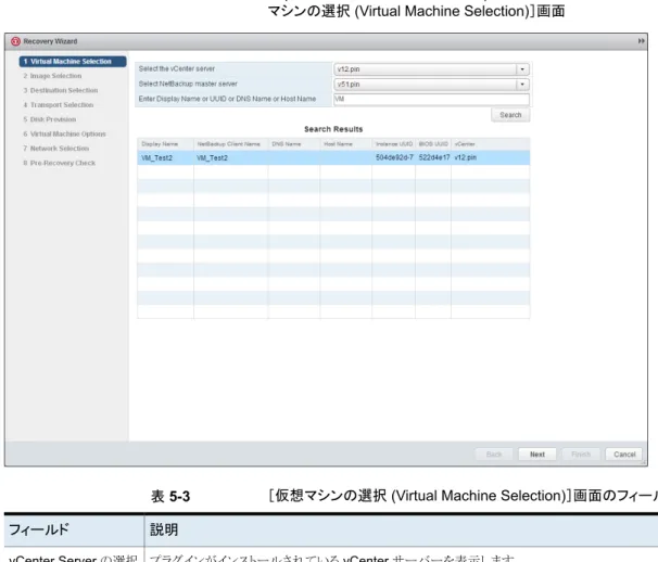 図 5-1 vSphere Web Client 用 NetBackup リカバリウィザードでの［仮想 マシンの選択 (Virtual Machine Selection)］画面