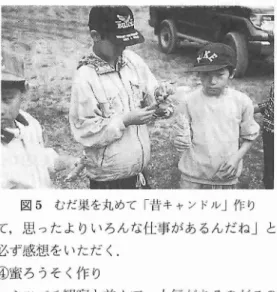 図 4 蜜巣を食べる た りもす るが,ぶ ら下が った蜜巣を巣 ごと食べ させ るのが面 白い. さすがに女 の子 は,食 い し ぶ るが,果敢 な男の子が食べて ｢うまい｣ とい お うものな ら,誰で も一斉 にかぶ りつ くもので ある ( 図 4) 