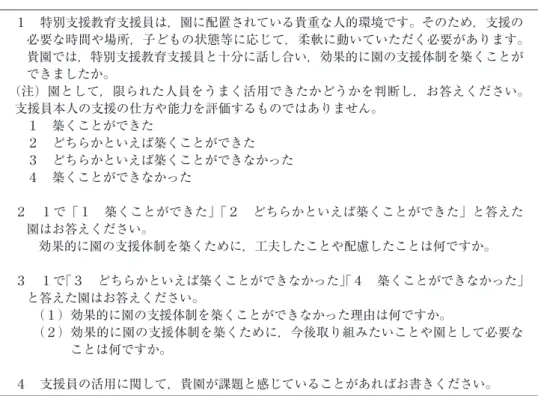 表 １ 　調査項目 １　特別支援教育支援員は，園に配置されている貴重な人的環境です。そのため，支援の 必要な時間や場所，子どもの状態等に応じて，柔軟に動いていただく必要があります。 貴園では，特別支援教育支援員と十分に話し合い，効果的に園の支援体制を築くことが できましたか。 （注）園として，限られた人員をうまく活用できたかどうかを判断し，お答えください。 支援員本人の支援の仕方や能力を評価するものではありません。 １　築くことができた ２　どちらかといえば築くことができた ３　どちらかといえば築くことがで