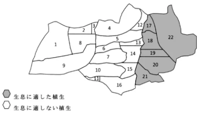 図 4. 仮想的森林ランドスケープにおける逐次型に連続した林分集合の例． Gurobi より早く最適解を求めた． 4. 近年の森林管理における最適化モデルの発展 上記のような隣接制約による伐採計画は，大規模な皆伐を回避するため，点在する伐採地の 生成により空間構造の分断化が進む結果となる．それに対し，昨今の生態系維持に関する議論 では，ある特定の植生状態の林地が連続して一定の面積以上維持されなければ生息できない野 生動物種が取り上げられることが多い．すなわち，種によっては積極的に望ましい空間構造を 確保する