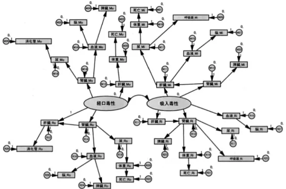 図 2. 暴露経路を内生変数とする共分散構造モデルのパス図．ここで，楕円は内生変数，四角 は外生変数，丸は誤差変数を表す（AIC=1754.739）．