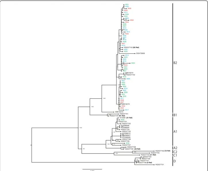 Fig. 1 Phylogenetic tree based on the analyses of HPV52 whole-genome sequences of 52 isolates and 31 genomes available from GenBank (total 83 sequences)