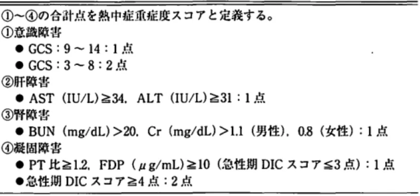 表 1 熱中症重症度スコア ①〜④の合計点を熱中症重症度スコアと定義する。 ①意識障害 •GCS:9 ~ 14  :  1 点 ・ Gcs:3 〜 s:2 点 ②肝障害 •AST  ( I U / L ） 孟 3 4 