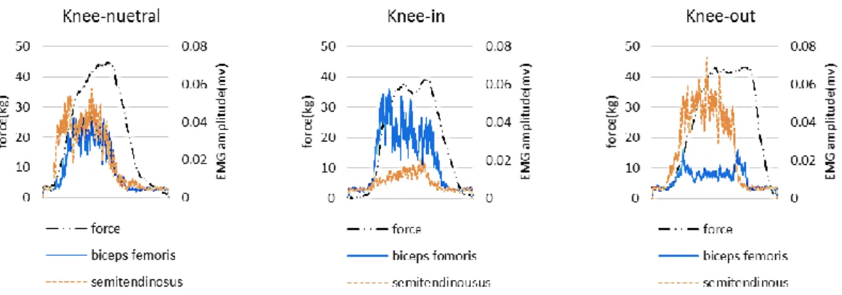 図 28  実験 3：sine wave tandem gait テストにおける下腿回旋角度と筋活動の時系列変化（参考例） 