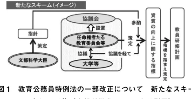 図 1　教育公務員特例法の一部改正について　新たなスキー ム（イメージ）（文部科学省 ,2016a より引用） 4.2　教育実習とインターンシップ 教員養成課程では教育実習が重要な役割を果たしてい る．自己の教員への適性を確認し，現場を体験できる機 会である．教育実習が教員を志望する度合いに影響して いることが複数の研究で扱われている（松本・生駒 ,1984， 今栄・清水 ,1994，秋光 ,2011 等）．将来の職業選択に大 きく影響してくるといえるであろう．学校インターン シップも同様に現場を体験できる