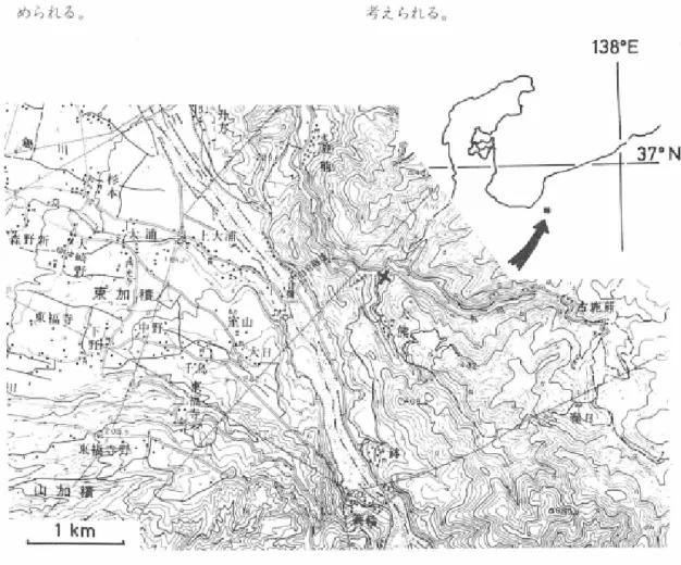 図  I 化 石 の 産 出 地 点 (X 印） 。 国 土 地 理 院 発 行 5 万 分 の 1 地 形 図 「 魚 津 」 を 使 用 し た