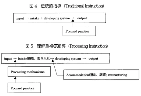 図 6 は、それまでの習得理論を統合して提案された Ellis（1995 : 89）の習得モデルである。こ のモデルにある Implicit Knowledge of L2（潜在的知識）は、図 4 や図 5 の developing system と同 じもので、学習者はインテイク（吸収される言語インプット）を自分自身の中間言語の内在化・